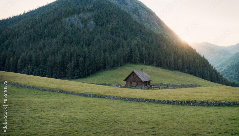 View of an old shepherd's hut in a clearing. Majestic mountain landscape. Peaceful scenery in the mountains. View of an old shepherd's hut in a clearing. Majestic mountain landscape. Peaceful scenery in the mountains.