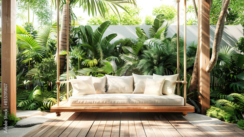 Sofa swing in a tropical garden, a modern wooden terrace with a hanging couch for relaxation on a sunny summer day