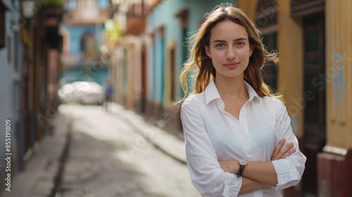 Free Download A City Businesswoman With Crossed Arms, Standing Confidently In Colombia - GFXLoad