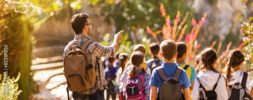 Teacher is explaining to class study theme during school  trip, banner. Generative AI.