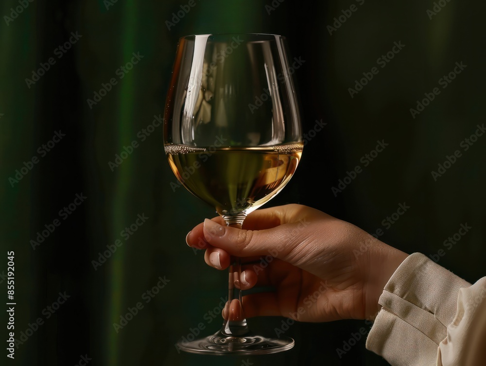Obraz premium White wine in a glass in female hand. Close-up view of a beautiful woman holding glass with white wine. Alcoholic drinks. Drinking wine.