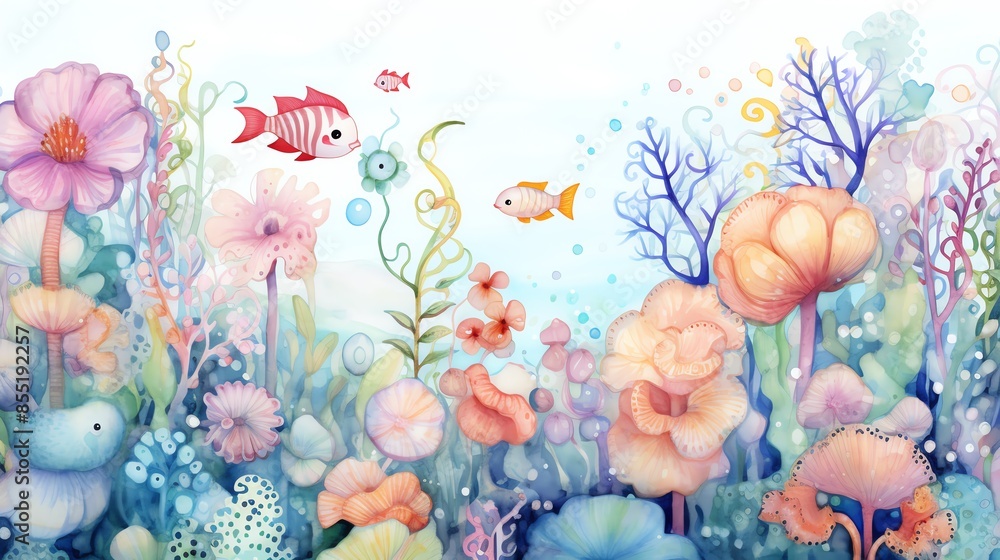 Watercolor illustration of a whimsical underwater scene with colorful fish and flowers. Watercolor illustration of a whimsical underwater scene with colorful fish and flowers.