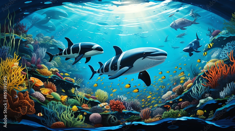 Obraz premium Craft a seamless underwater scene with marine animals engaging in activities, like a crab playing with a beach ball and a whale blowing water spouts