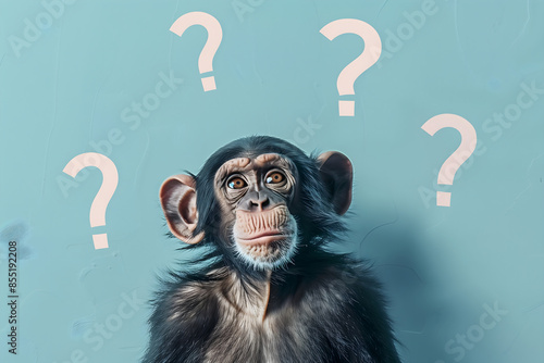 Photo of a monkey with question marks around it, looking confused on a light blue background


