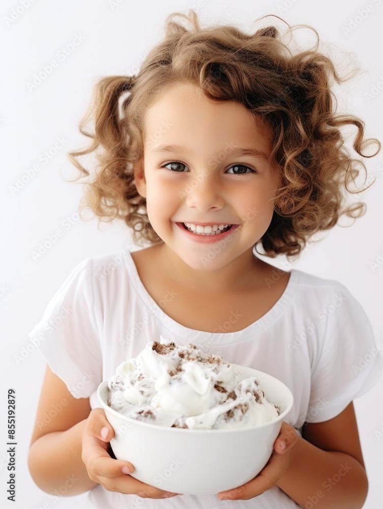 A young child holding a bowl of ice cream, a sweet treat A young child holding a bowl of ice cream, a sweet treat