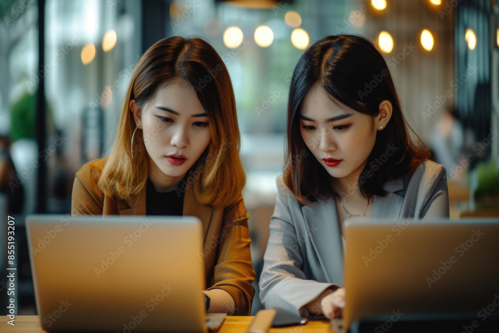 Two females working on a computer together, possibly collaborating or researching Two females working on a computer together, possibly collaborating or researching