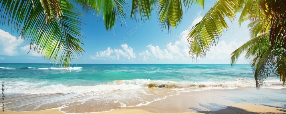 View of a nice tropical beach with some palms. banner. extra space for text, summer banner View of a nice tropical beach with some palms. banner. extra space for text, summer banner