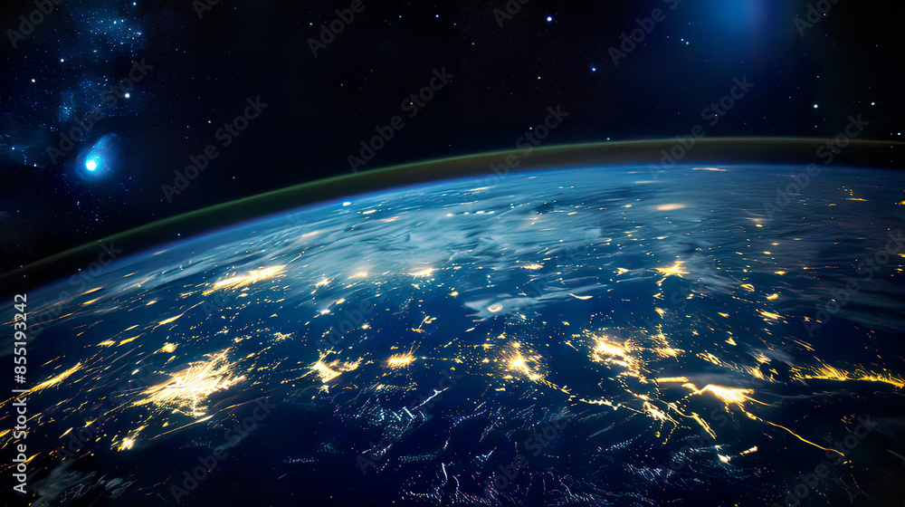 Nighttime Earth seen from space with illuminated cities creating a web of lights across the continents surrounded by the vastness of space and countless stars presenting a breathtaking view Nighttime Earth seen from space with illuminated cities creating a web of lights across the continents surrounded by the vastness of space and countless stars presenting a breathtaking view