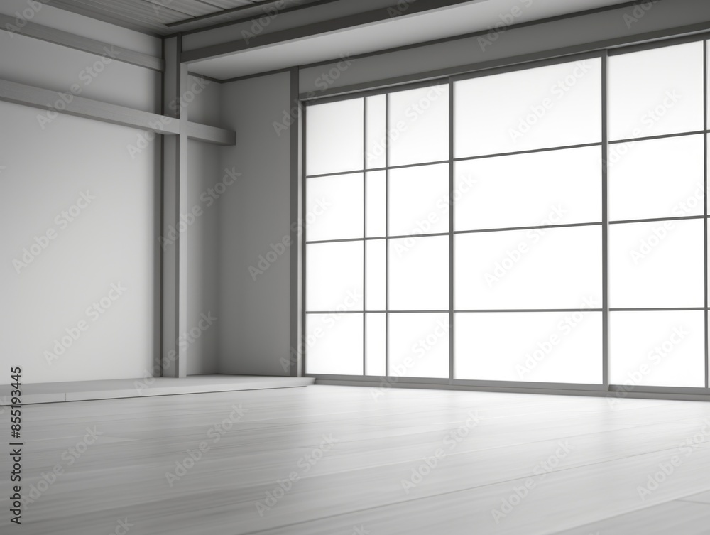 A modern minimalist interior scene featuring a spacious room with large windows and a wooden floor A modern minimalist interior scene featuring a spacious room with large windows and a wooden floor