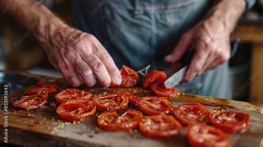 A close-up shot of someone cutting tomatoes on a wooden cutting board A close-up shot of someone cutting tomatoes on a wooden cutting board