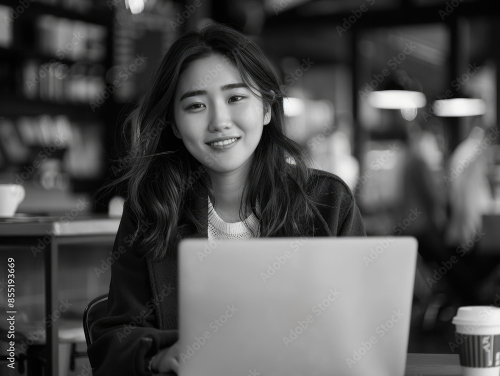 A woman sits in front of a laptop, focused on her work or study A woman sits in front of a laptop, focused on her work or study