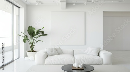 A stylish and bright living room design featuring a white canvas backdrop, Artfully arranged minimal furniture, Contemporary chic minimalist style