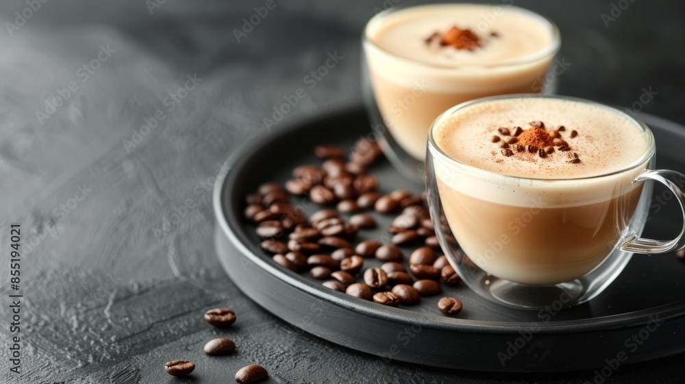 Cup of coffee with milk on a dark hot cappuccino in a glass cups, coffee beans are near cups on the tray.
Cup of coffee with milk on a dark hot cappuccino in a glass cups, coffee beans are near cups on the tray.