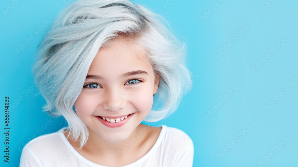 Portrait of a chic cute beautiful blonde child girl with short haircut and perfect skin, light blue background, banner. Portrait of a chic cute beautiful blonde child girl with short haircut and perfect skin, light blue background, banner.