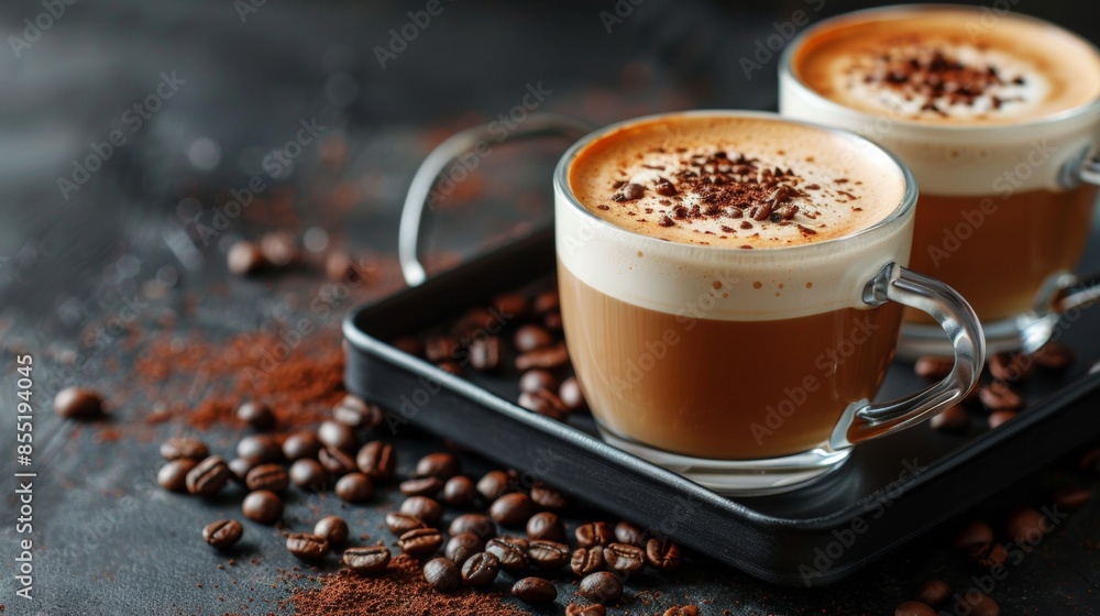 Cup of coffee with milk on a dark hot cappuccino in a glass cups, coffee beans are near cups on the tray.
Cup of coffee with milk on a dark hot cappuccino in a glass cups, coffee beans are near cups on the tray.