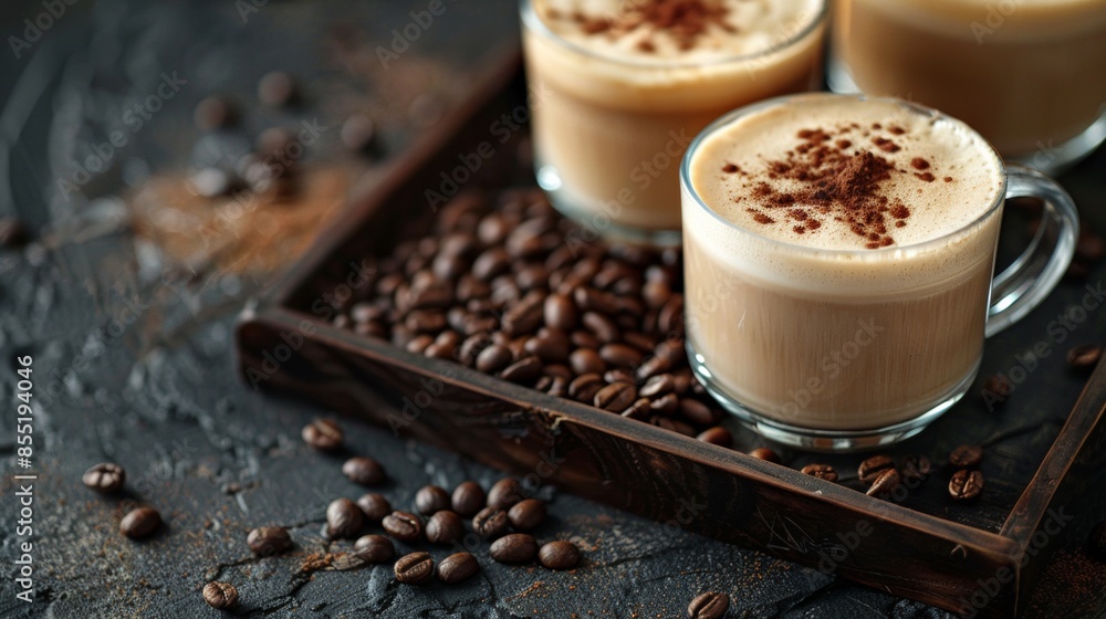 Cup of coffee with milk on a dark hot cappuccino in a glass cups, coffee beans are near cups on the tray.
Cup of coffee with milk on a dark hot cappuccino in a glass cups, coffee beans are near cups on the tray.