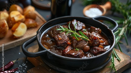 French cuisine. Beef cheeks stewed in red wine. 