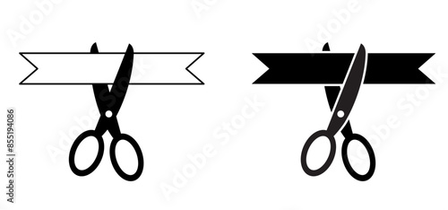Cutting the ribbon with scissors icon. Festive, grand opening. scissors cuts or ribbon cut. . Long silk ribbon. Scissors for cutting and silk ribbon. Start for sport game or invitation for a party.