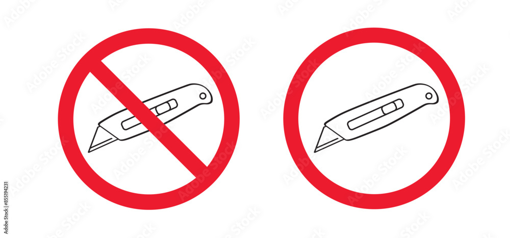 No work knives, do not disassemble, prohibition. Retractable blade or cutter knife. No need to install by tool. Work, school tools. Retractable blades. Utility knife or jackknife. Forbidden red symbol No work knives, do not disassemble, prohibition. Retractable blade or cutter knife. No need to install by tool. Work, school tools. Retractable blades. Utility knife or jackknife. Forbidden red symbol