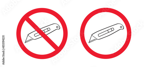 No work knives, do not disassemble, prohibition. Retractable blade or cutter knife. No need to install by tool. Work, school tools. Retractable blades. Utility knife or jackknife. Forbidden red symbol
