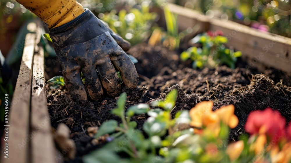 A person digs in a garden bed with gardening tools A person digs in a garden bed with gardening tools