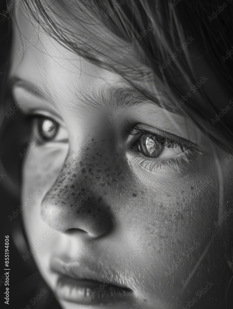 Obraz premium Close-up portrait of a young child with freckles, suitable for use in illustrations, editorials or personal projects