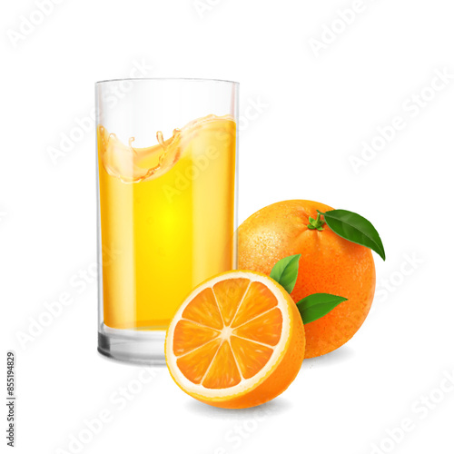 Orange fruit and drinking glass of orange juice isolated realistic on white background