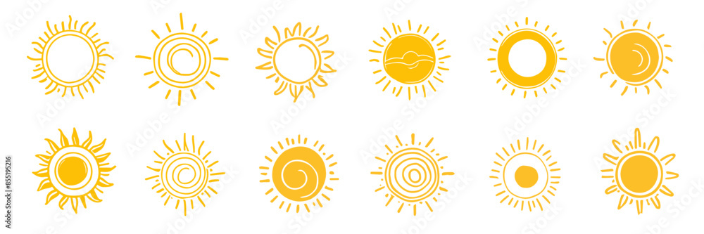 Fototapeta premium Set of yellow sun icons in hand-drawn style, vector illustration on white background