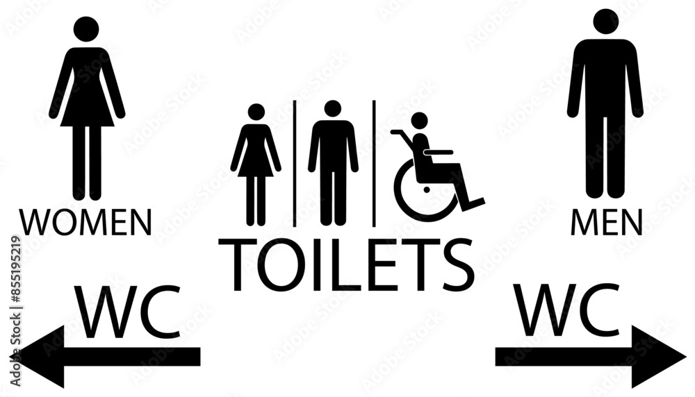 Wc Direction Sign Set of toilet signage with male, female, and wheelchair symbols, WC ...