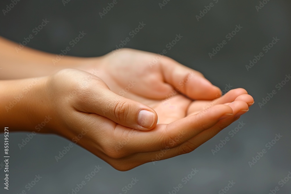 Empty female hands extended open as if ready to receive or hold something with a blurred background Empty female hands extended open as if ready to receive or hold something with a blurred background