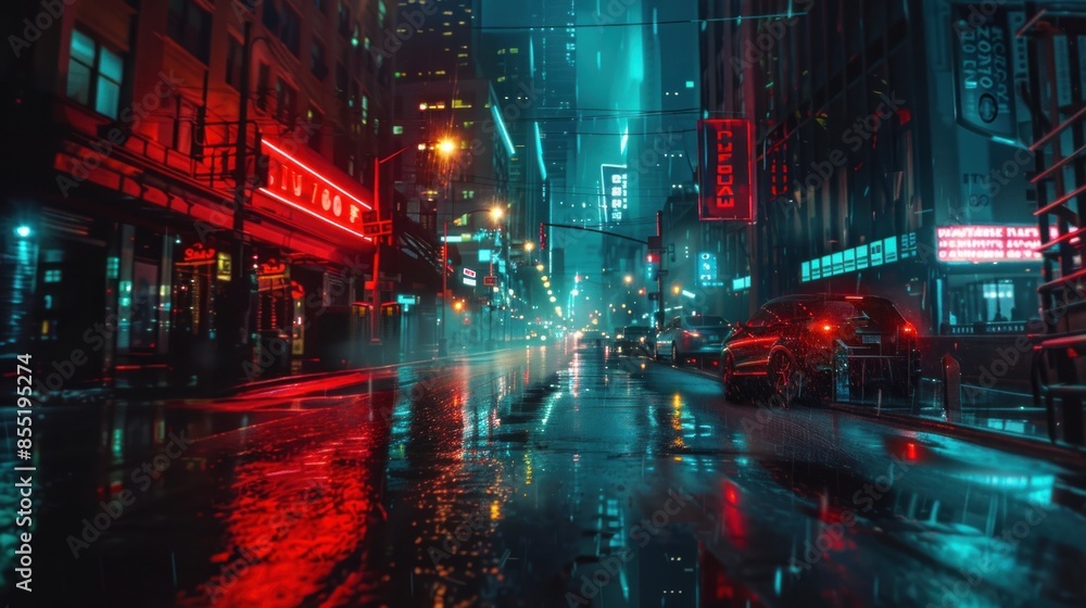 Neon Cityscape with Rain and Reflections Neon Cityscape with Rain and Reflections