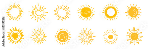 Set of yellow sun icons in hand-drawn style, vector illustration on white background