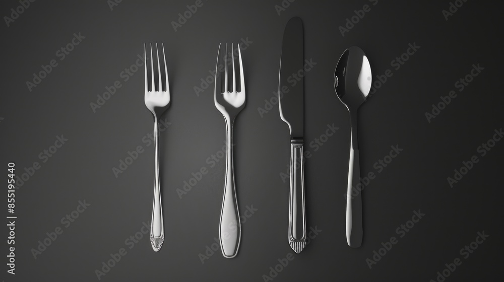 A collection of three essential kitchen utensils, including a fork, knife, and spoon A collection of three essential kitchen utensils, including a fork, knife, and spoon