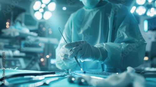 With high-tech tools at their disposal, a surgeon carries out knee arthroscopy in a meticulously sterile environment, ensuring utmost accuracy. photo