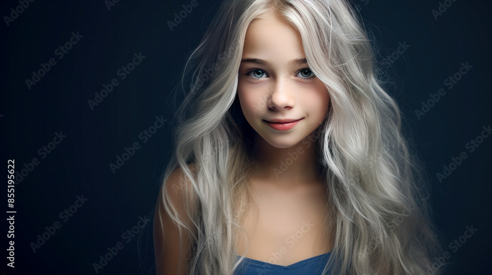 Portrait of a chic cute beautiful blonde child girl with long white hair and perfect skin, dark blue background, banner. Portrait of a chic cute beautiful blonde child girl with long white hair and perfect skin, dark blue background, banner.