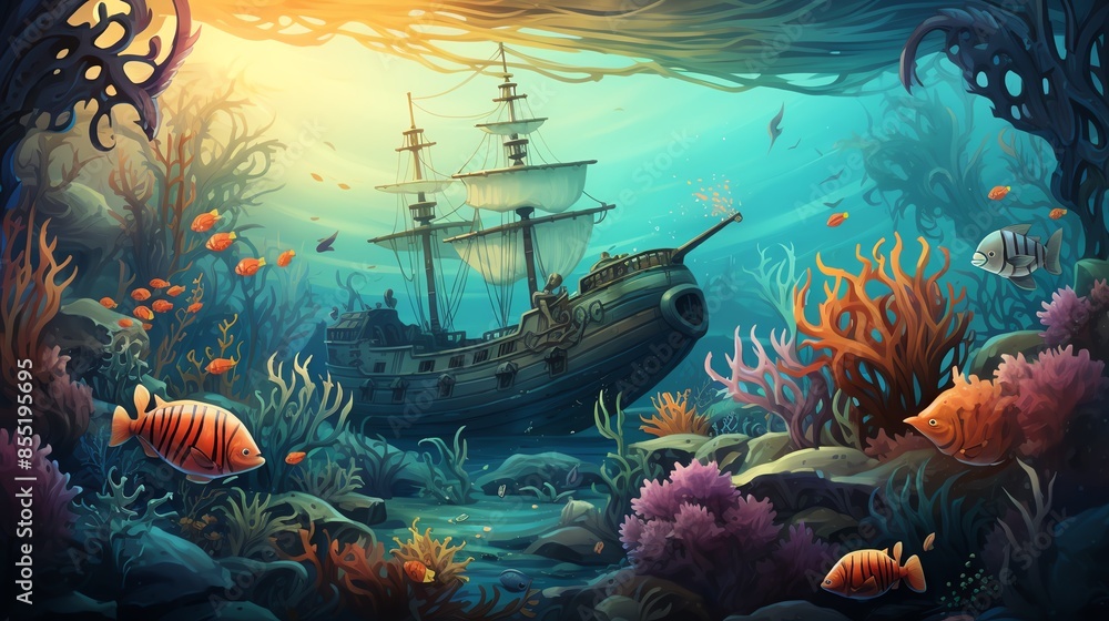 Obraz premium Sunbeams illuminate a sunken galleon resting on the ocean floor, surrounded by vibrant coral reefs and tropical fish.