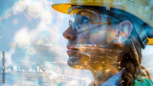Thoughtful female engineer wearing hardhat and safety glasses looking out at an industrial landscape.