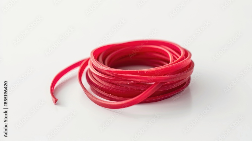 A collection of bright red rubber bands lying flat on a white surface, ideal for use in crafting or photography A collection of bright red rubber bands lying flat on a white surface, ideal for use in crafting or photography