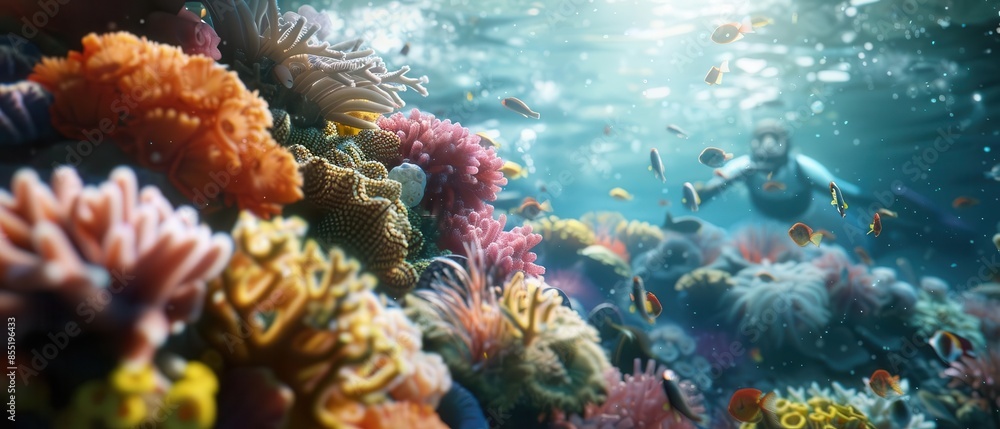 Fototapeta premium A marine biologist studying coral samples in an underwater 