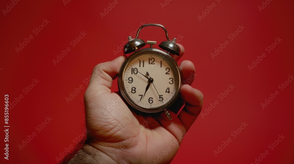 A person's hand holds an alarm clock in front of a bright red background, possibly indicating morning or a wake-up moment A person's hand holds an alarm clock in front of a bright red background, possibly indicating morning or a wake-up moment