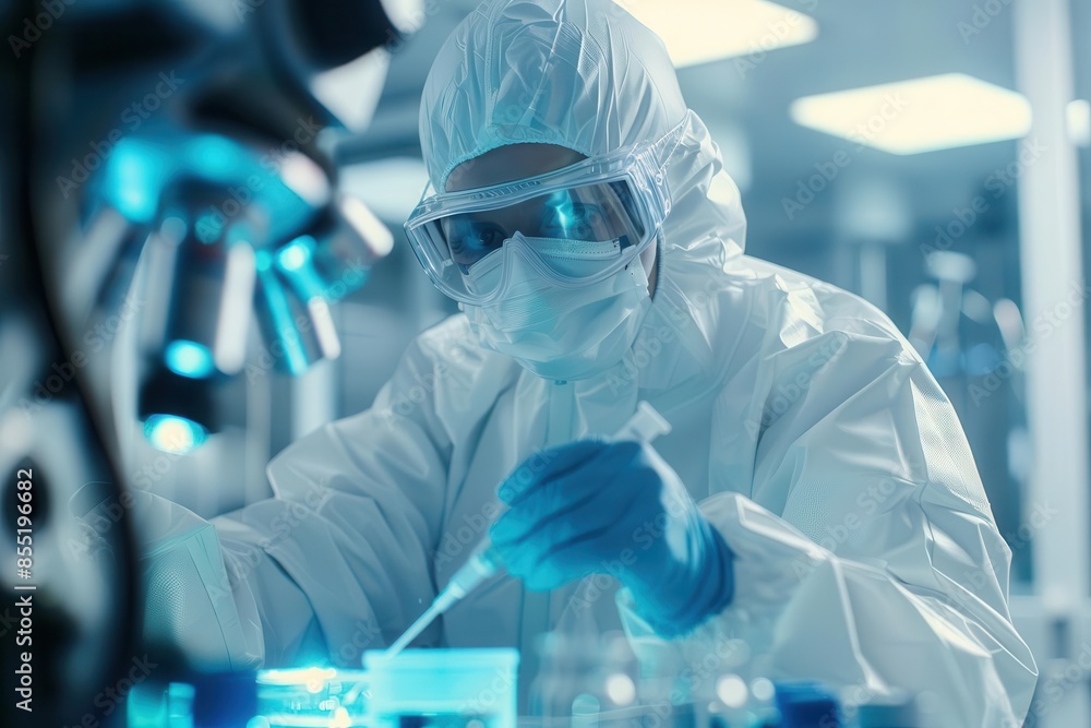 A scientist in a cleanroom suit working in laboratory A scientist in a cleanroom suit working in laboratory