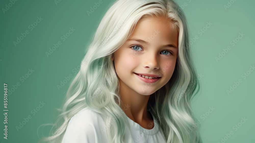 Fototapeta premium Portrait of a chic cute beautiful child girl blond with long white hair and perfect skin, light green background, banner.