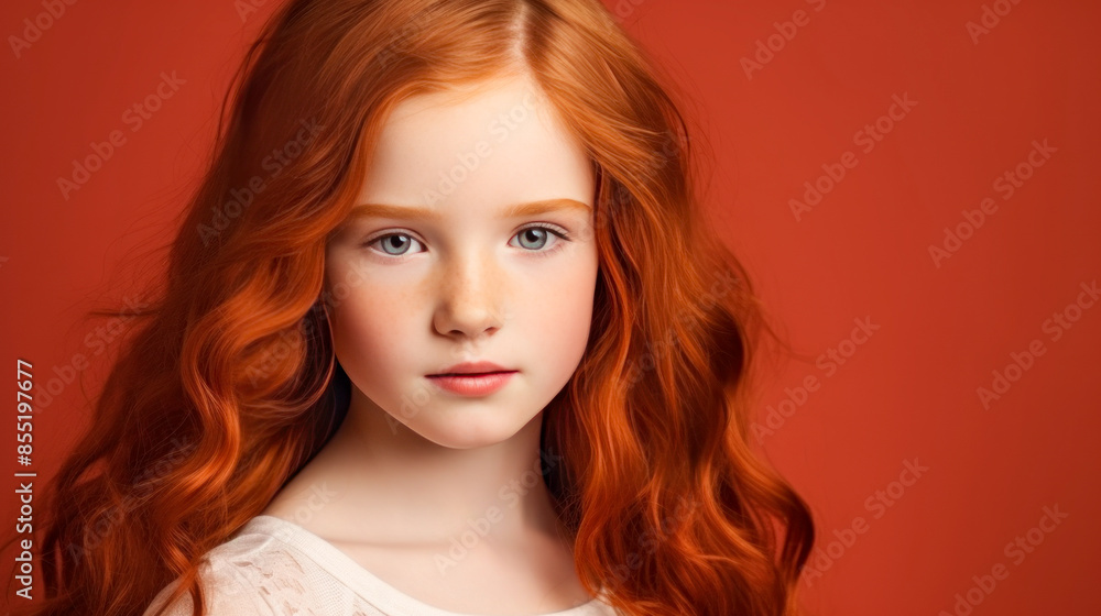 Fototapeta premium Portrait of a gorgeous cute smiling beautiful child girl with red hair and perfect skin, red background, banner.