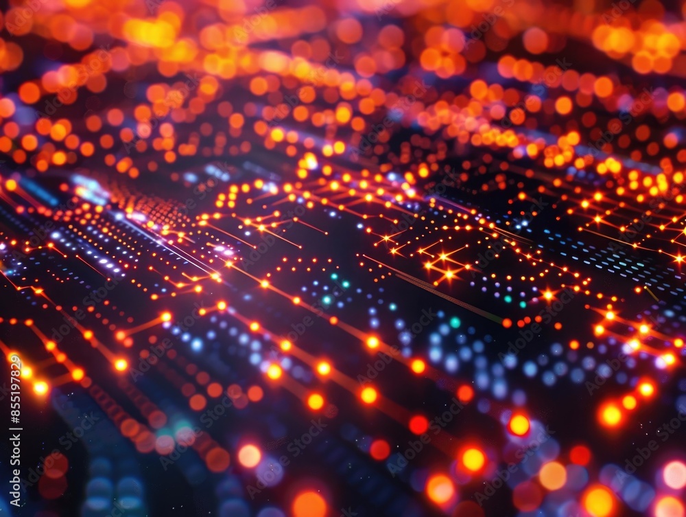 A detailed shot of a computer circuit board with various components and wires A detailed shot of a computer circuit board with various components and wires