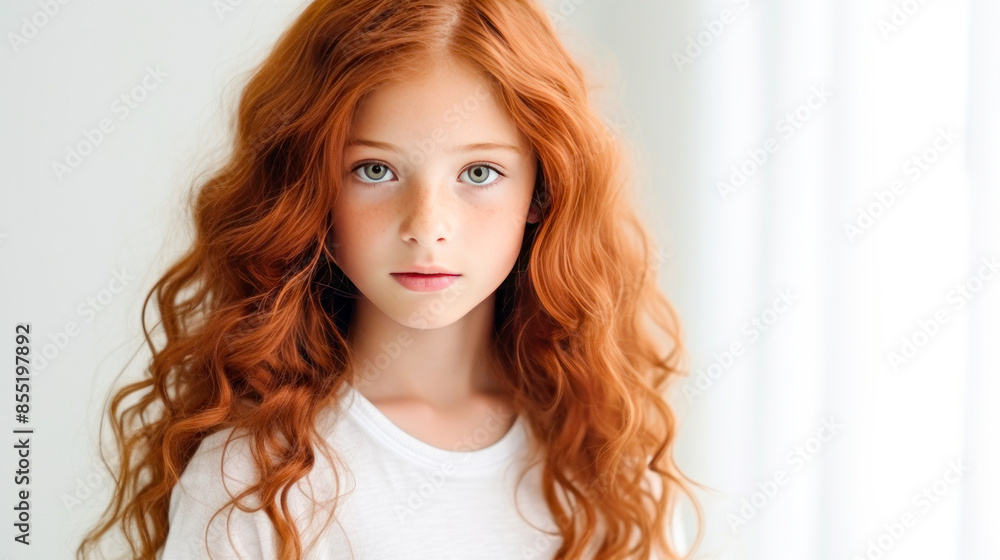Portrait of a gorgeous cute smiling beautiful baby girl with red hair and perfect skin, white background, banner. Portrait of a gorgeous cute smiling beautiful baby girl with red hair and perfect skin, white background, banner.