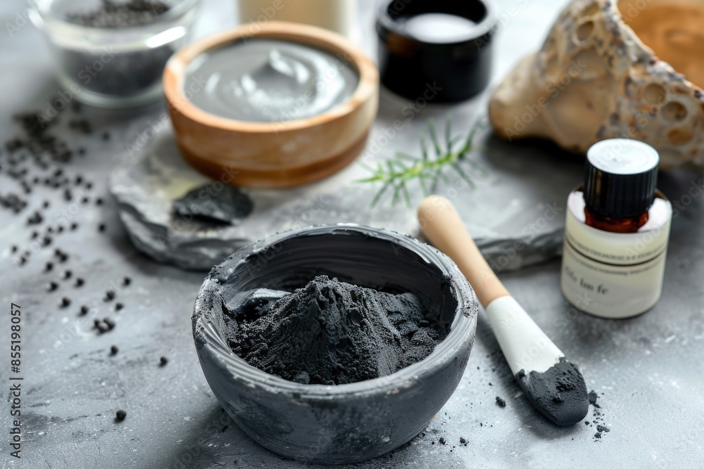 A bowl of black clay accompanied by a wooden spoon, great for crafts and DIY projects A bowl of black clay accompanied by a wooden spoon, great for crafts and DIY projects