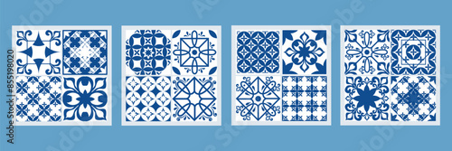 Set of beautiful ceramic tiles in cartoon style. Vector illustration of square tiles with elegant blue ornaments, patterns isolated on light blue background. Spanish and Portuguese tiles. Azulejo.