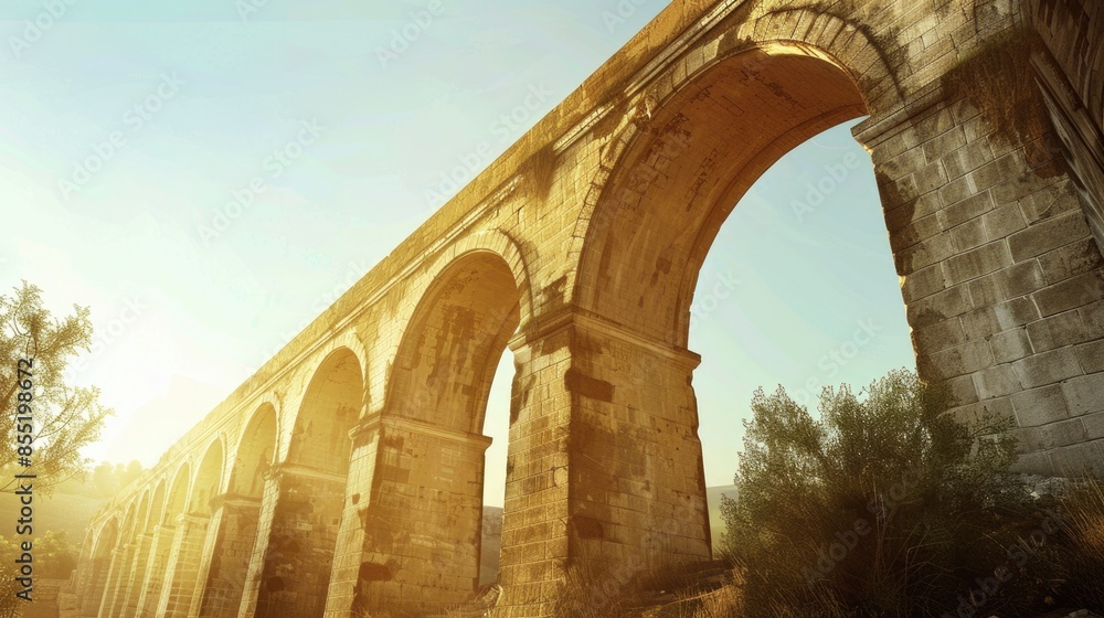 Image of a stone bridge with arched structure and lush green trees in the background Image of a stone bridge with arched structure and lush green trees in the background