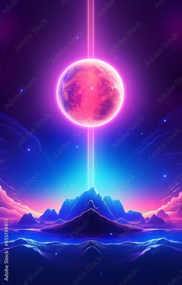 Fototapeta premium Cosmic fantastic abstract landscape poster background. Space cyberpunk and vaporwave style. Purple, red, blue bright colors. Abstract vertical banner. 80's graphic design style. AI artwork.
