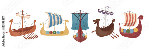 Set of vintage viking ships in cartoon style. Vector illustration of Scandinavian long wooden boats, with sails, oars isolated on white background. Drakar. Images of dragon heads on Viking ships.